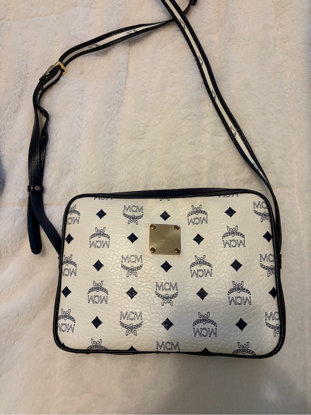MCM Vintage White & Navy Visetos Monogram Crossbody Bag